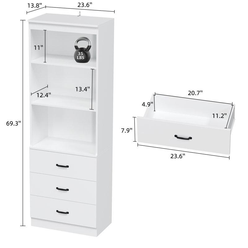 69" H Bookshelf With Drawers, Bookcase With 3-tier Open Shelves, Tall Bookshelf Large Open Bookshelf Standing Book Cabinet For Home Office