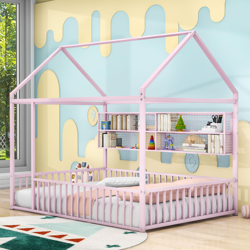 Lit plateforme en métal avec tablettes, Full, Pink