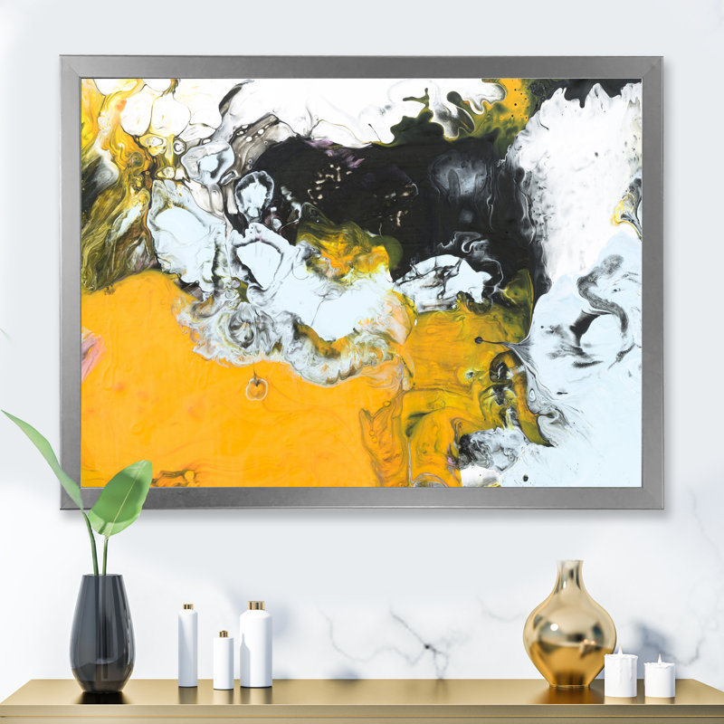Jaune jaune noir et blanc liquide Art I - impression d'art moderne sur toile, H 31,5 po x l 40 po, Cadre argenté