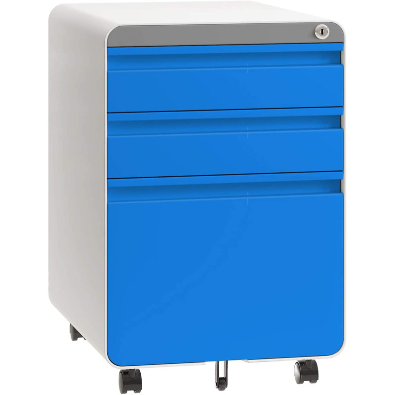 3 Drawer Metal Filing Cabinets with Lock Wheels, Anti-tilt Under Desk Design (No Assembly Required), Blue/Grey/White