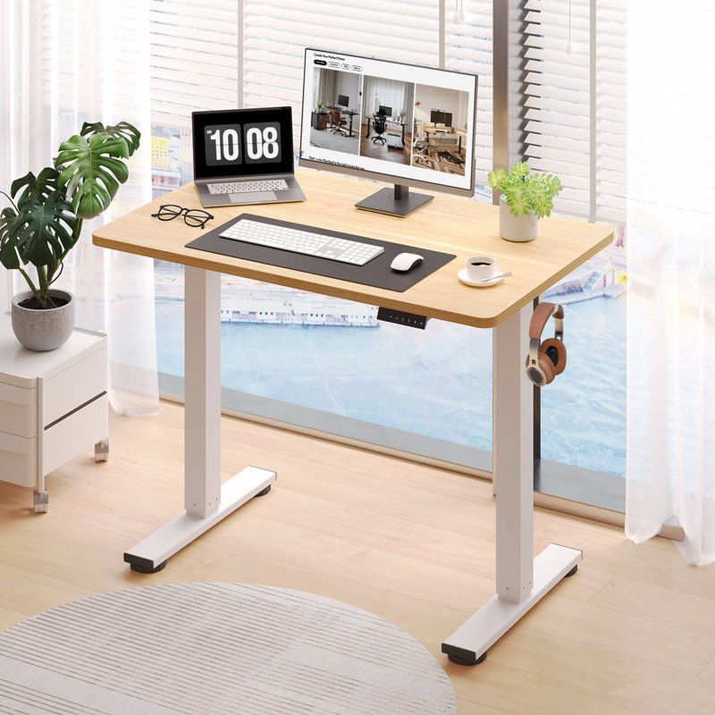 Bureau de travail debout à hauteur ajustable ergonomique avec crochets, H 46,5 po x l 39,4 po x P 23,6 po, Érable / Blanc