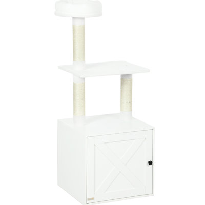 21 White Cat Tree And Litter Box, Vertical Space Use, Furniture-Style, Enclosed Cabinet, Scratching Posts, Simple Setup With Box Enclosure, White, Space, Multi-Level Climbing, Scratching, Single