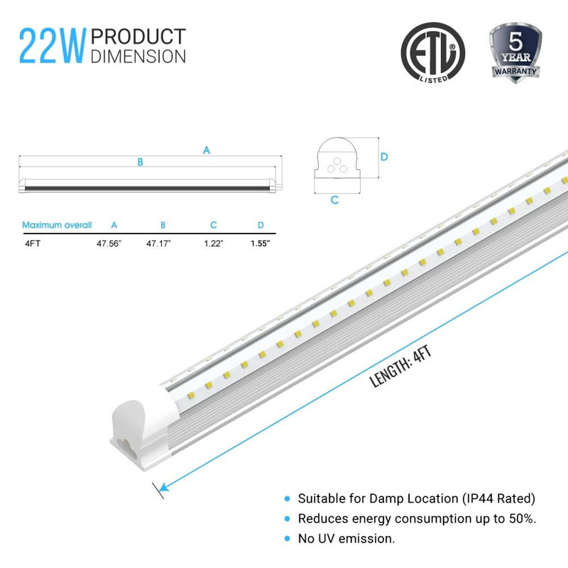 22 watts, ampoule à DEL T8, intensité non variable, base intégrée à la lumière du jour, 6500