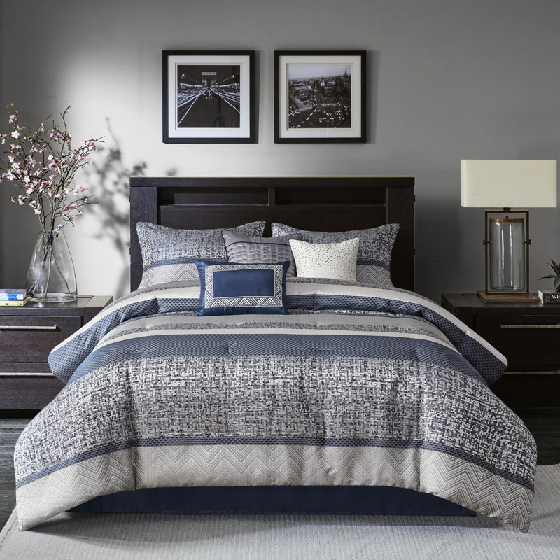 Couette 7 pièces King bleu marine - Luxe avec détails plissés, linge de lit lavable à la machine