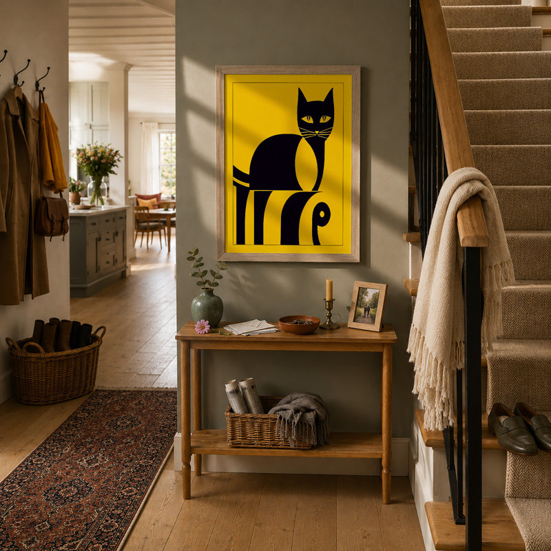 Cat On Striped Chair Modern - Print, A1 - 84.1 x 59.4 cm, Oak