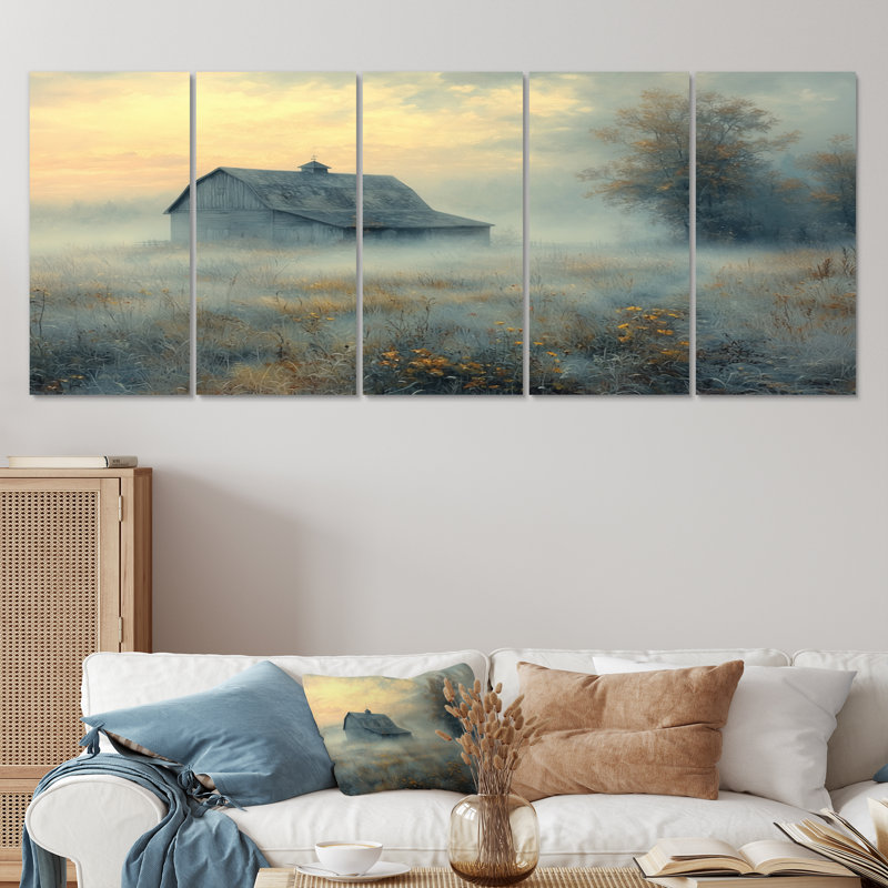 Blue Misty Dawn Farmhouse IV - Ensemble de salon mural art campagnard, H 32 po x l 80 po