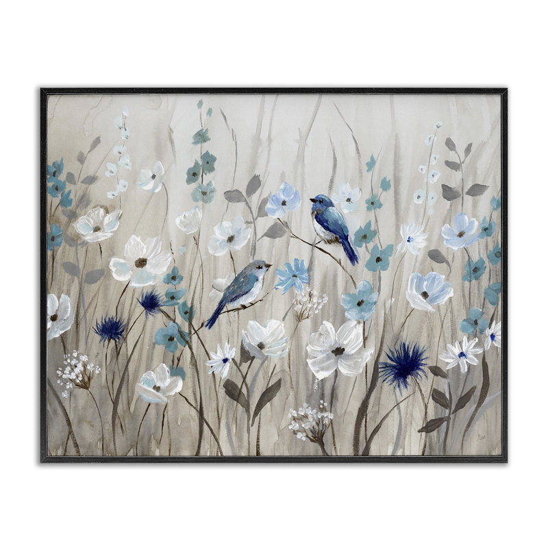 «Birds Floral Meadow Blossoms», art de la giclée noire encadrée par Nan, H 14 po x l 11 po, Giclée encadrée noir minuit