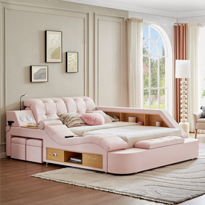 Upholstered Sleigh Bed with Drawers and Shelves