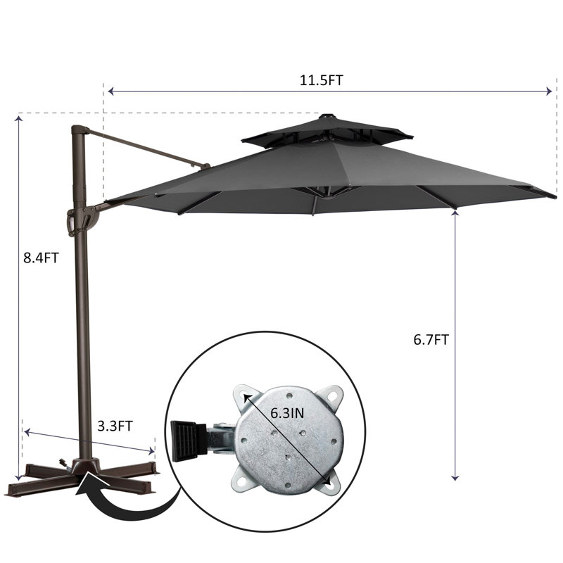 11.5 ft Gray Aluminum Cantilever Patio Umbrella with Double Top