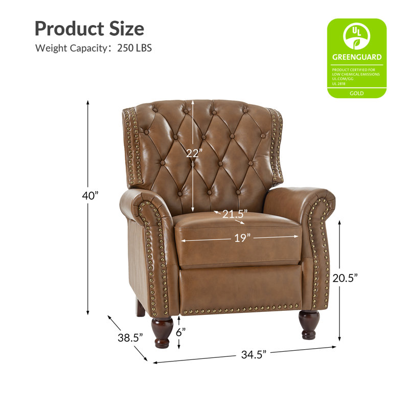 Fauteuil inclinable en cuir véritable manuel standard de 34,5 po de largeur Abruzzino, Cuir véritable chameau
