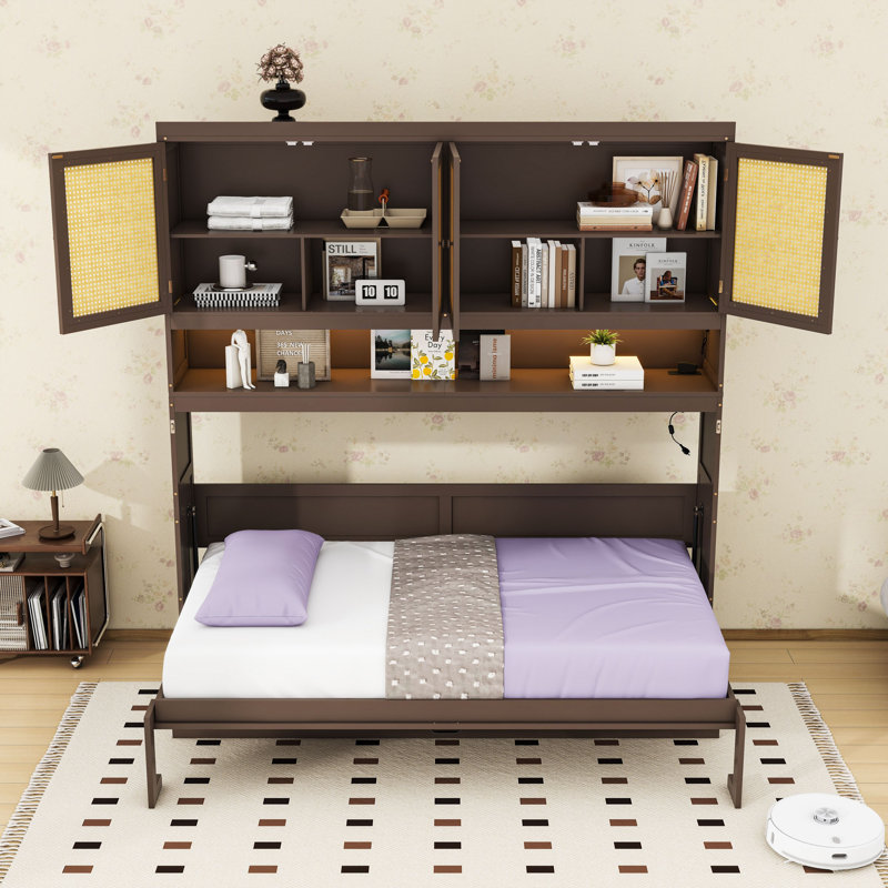 Lit simple escamotable en bois avec rangement intégré et éclairage DEL, Espresso