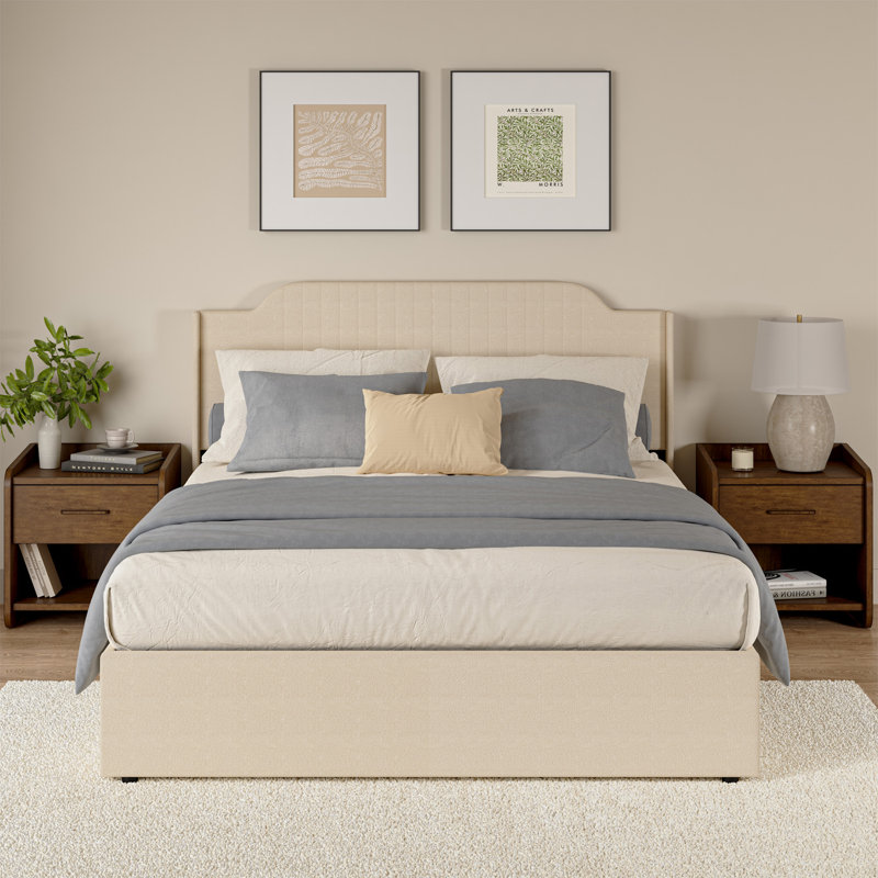 Lizette 64.5" Hydraulic Lift Up Storage Upholstered Platform Bed with Wingback Headboard, Linen