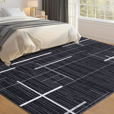 Tapis moderne très grand lavable à la machine 10 x 13 pour chambre à coucher Tapis antidérapant à motif géométrique antidérapant pour tapis de chambre à coucher, noir
