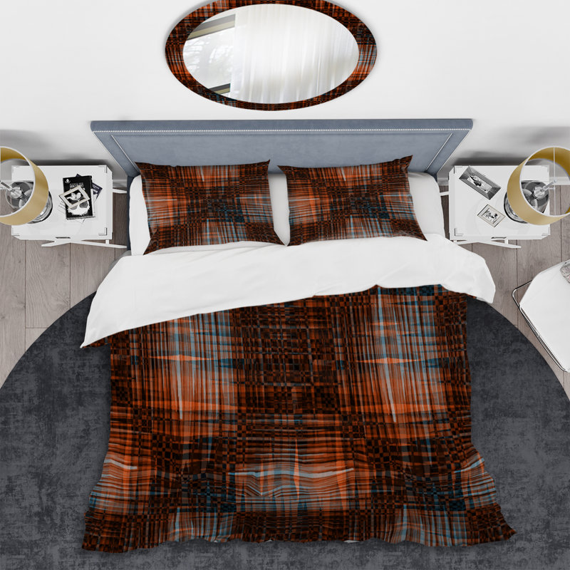 Ensemble de housse de couette à rayures grunge brun et bleu - Microfibre polyester