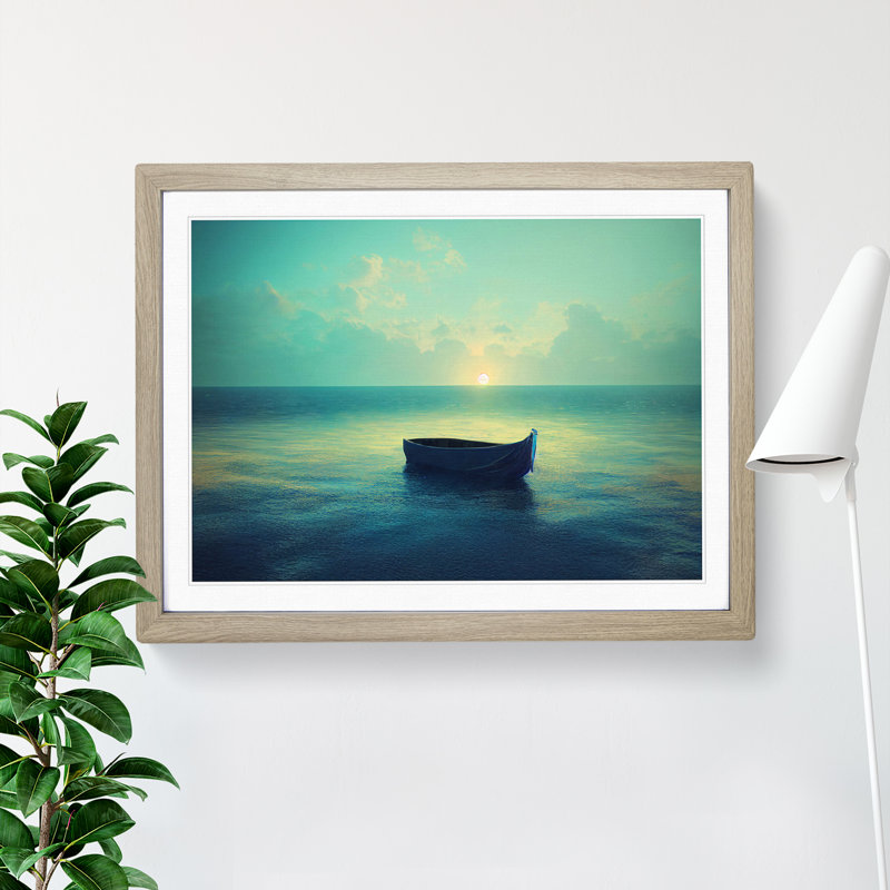 Lone Boat Vol.3 - Single Picture Frame Print, 25cm H x 34cm W, Grey
