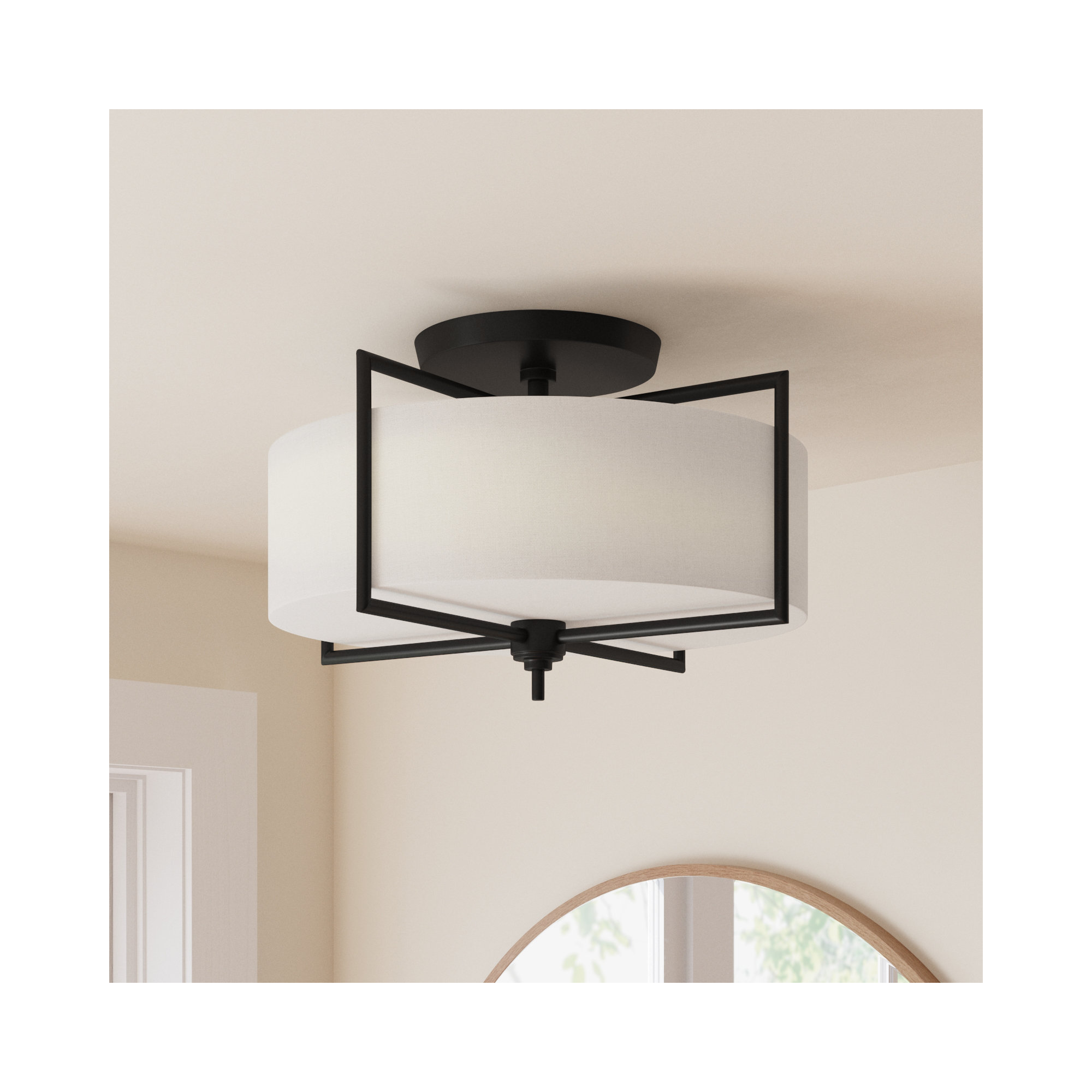 Fabric Semi Flush Mount, Aged Iron, 10" H x 15" W x 15" D