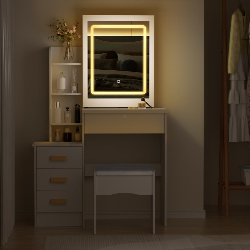 Bureau de maquillage avec miroir et lumières, coiffeuse avec miroir coulissant et tiroirs et tablettes et tabouret de rangement, luminosité réglable, 3 modes d'éclairage, pour la chambre à coucher