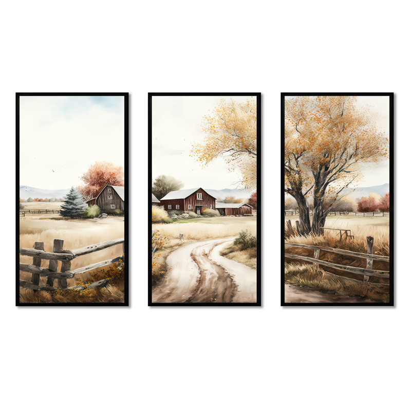 «Beautiful Barn In Spring VI», reproduction sur toile 3 pièces, Cadre flottant noir, H 28 po x l 36 po