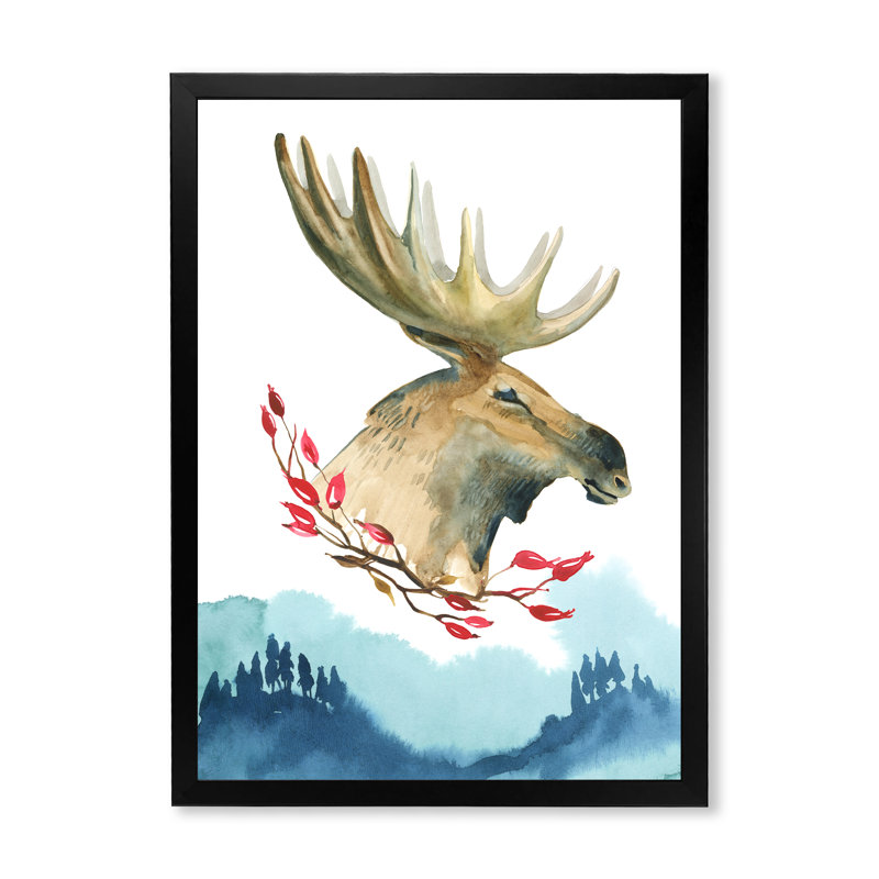 Grand Moose In Winter Mountain - reproduction d'art sur toile traditionnelle, H 20 po x l 12 po x P 1 po, Cadre photo noir