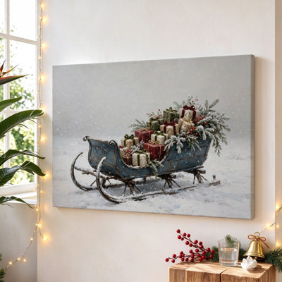 Sleigh of Greenery and Gifts, Black Framed Canvas Wall Art, 16" x 24", Modern Wall Decor for Living Room and Bedroom