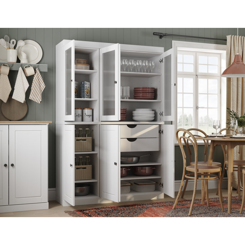 Vaisselier 100% bois massif 48,5 po avec verre givré, portes solides, 2 tiroirs et tablettes réglables, Blanc / Blanc