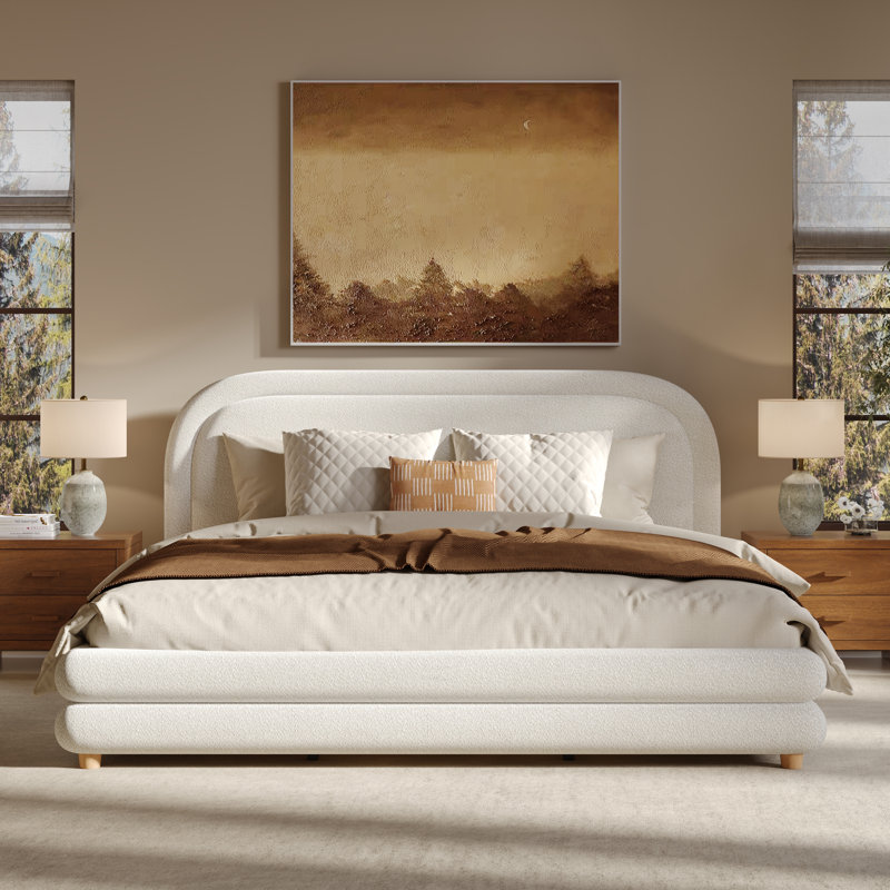 King Boucle Cloud Style Upholstered Platform Bed With Curved Headboard, Solid Wood Bed Frame & No Box Spring Needed, King