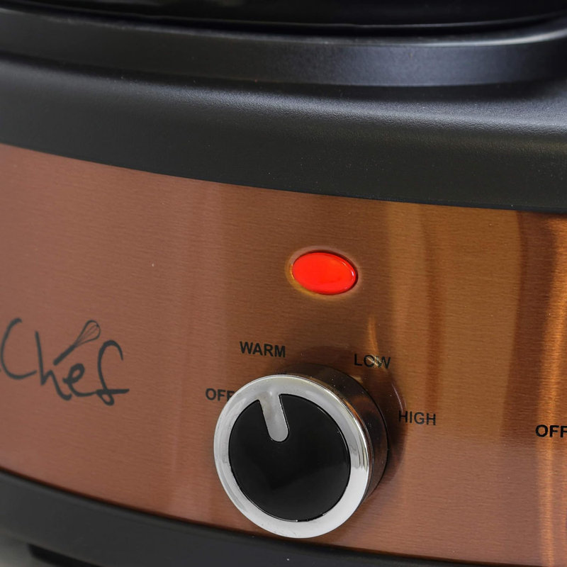 Megachef Round Triple 1.5 Quart Slow Cooker And Buffet Server In Brushed Copper And Black Finish With 3 Ceramic Cooking Pots And Removable Lid Rests