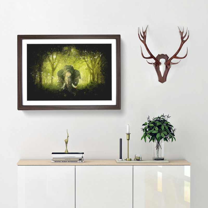 Marvellous Elephant in a Green Forest - Framed Print, Walnut Framed, 45cm H x 63cm W x 2cm D