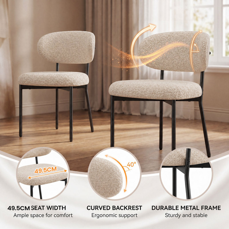 Modern Upholstered Dining Chair, Metal Legs, 2P, Camel Boucle