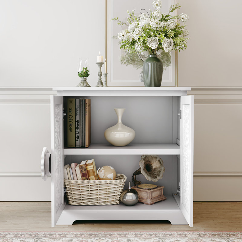 31.5''Vintage Sideboard with Hand-Gilded Embossed Doors with Adjustable Shelves, White