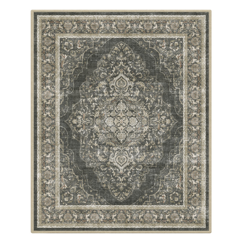 Tapis gris anthracite lavable antidérapant, Gris anthracite / brun, Rectangle 8' x 10'