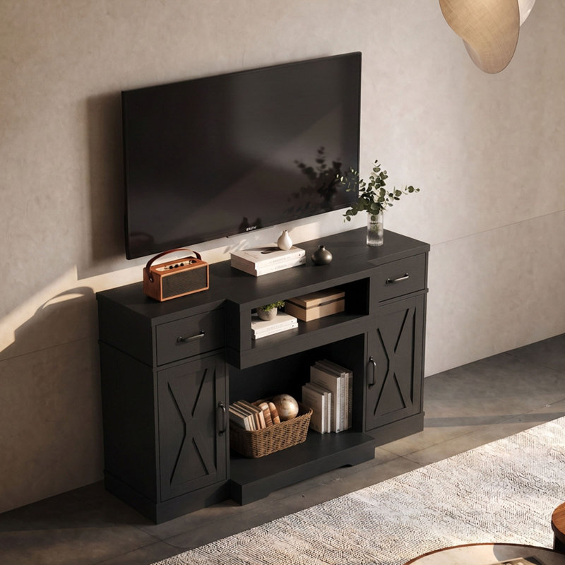 Meuble télé noir de style ferme de 64,5 pouces avec portes à croisillons, 2 tiroirs et 2 placards, compatible avec les téléviseurs de 75 pouces.