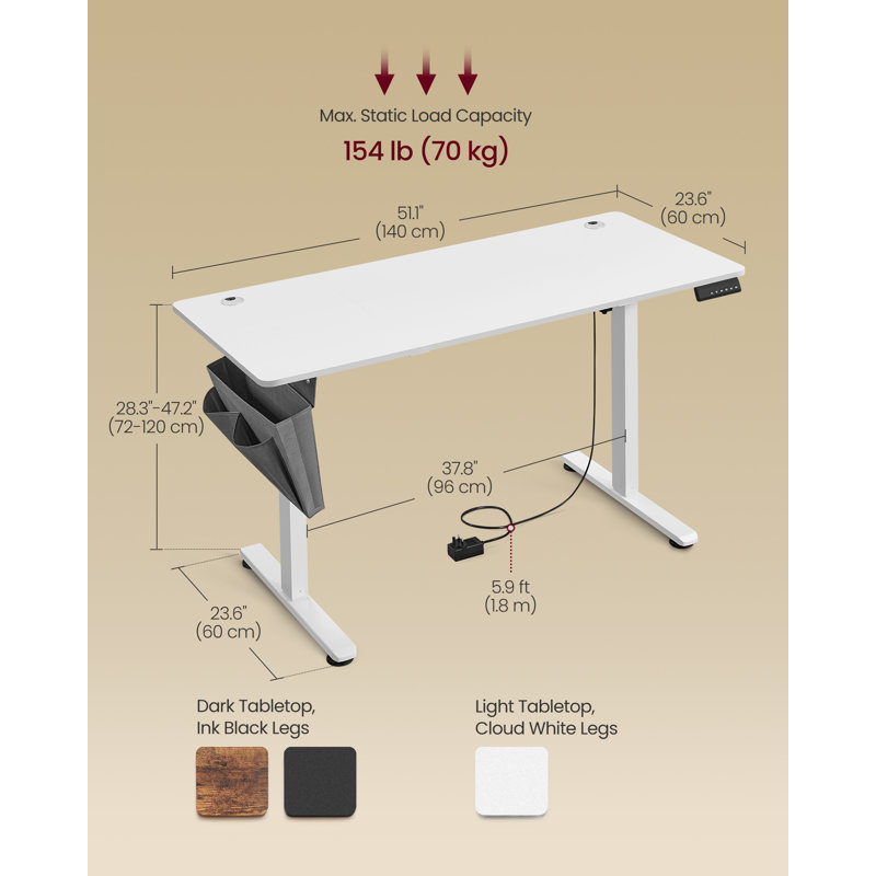 Ashala Adjustable Metal Base Standing Desk with Power Outlet, White/White, 120cm H x 140cm W x 60cm D