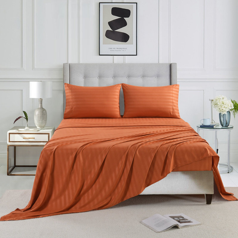 3/4 Pcs Luxury Striped Bed Sheets Set, Orange, Twin Sheet Set with 1 Pillowcase