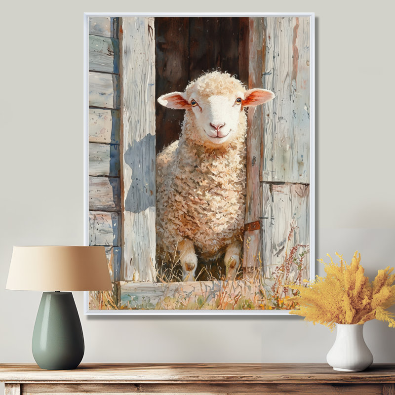 Donneisha Sheep Portrait At The Barn - Sheep Wall Art, Impression encadrée flottante, H 32 po x l 16 po, Blanc