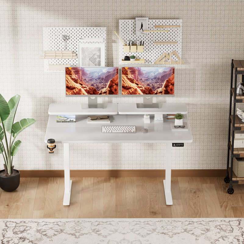 Kreutzer Height Adjustable Standing Desk with Monitor Stand, White/White, 28.7" H x 55.11" W x 23.62" D