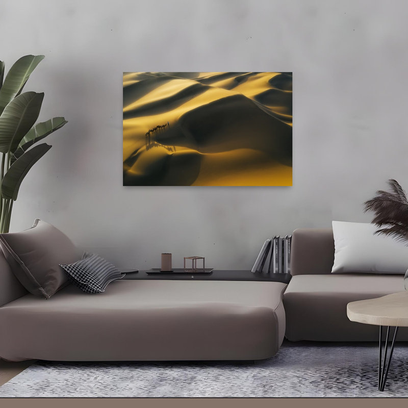 Golden Desert Caravan Serene Tranquil Abstract Landscape Nature Wall Art Print, H 32 po x l 48 po