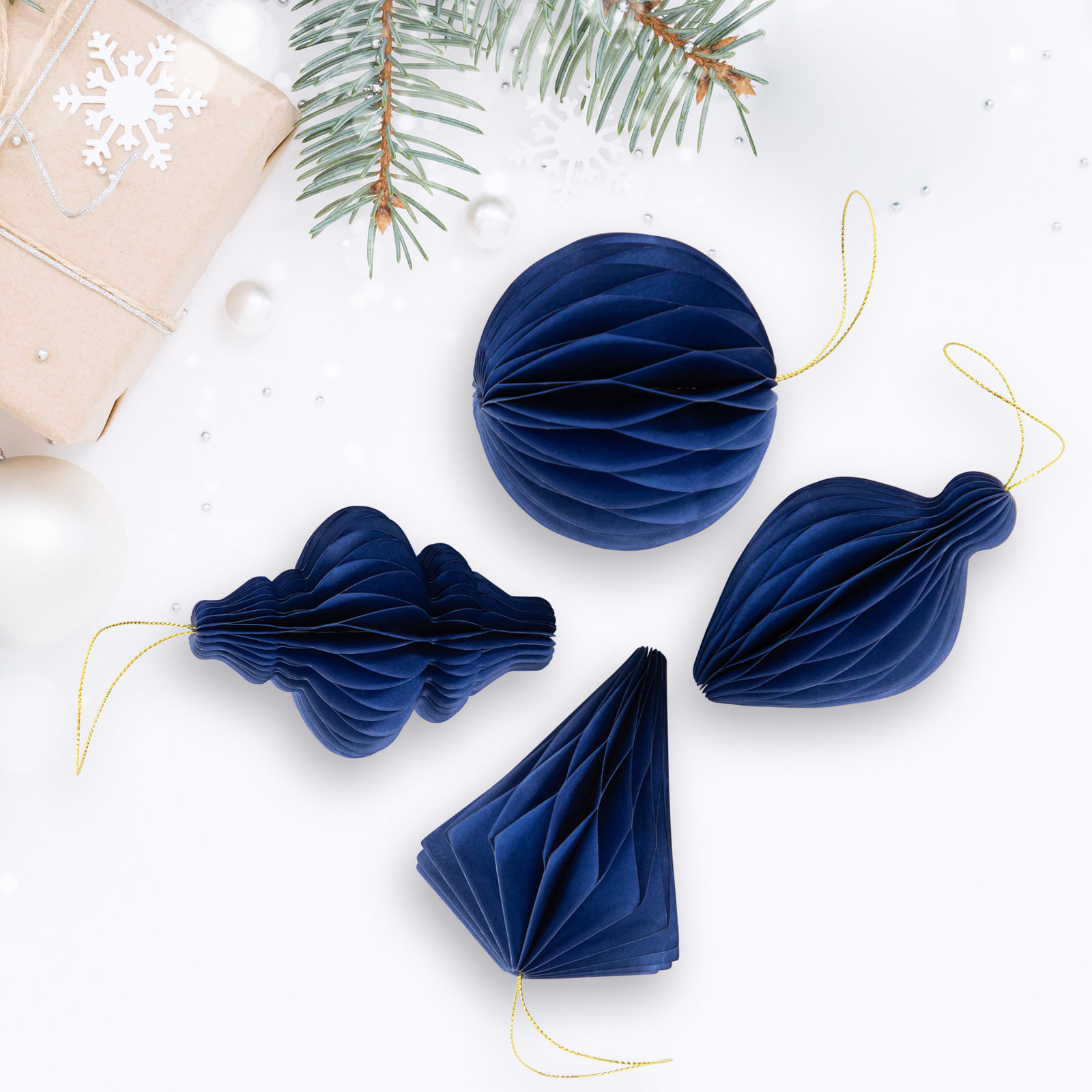 Accordion Honeycomb Foldable Paper Christmas Ornaments - 4" - Set Of 4, Blue