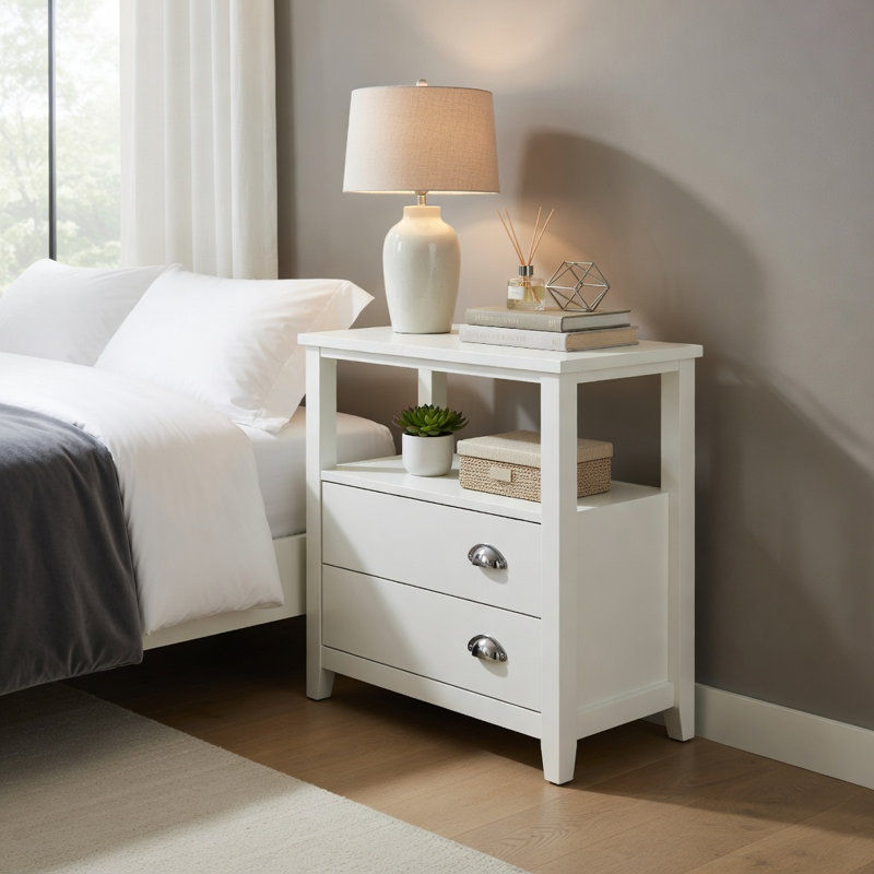 Table de bout moderne en bois avec 2 tiroirs et tablette ouverte, table de chevet pour la chambre à coucher ou le salon, blanc