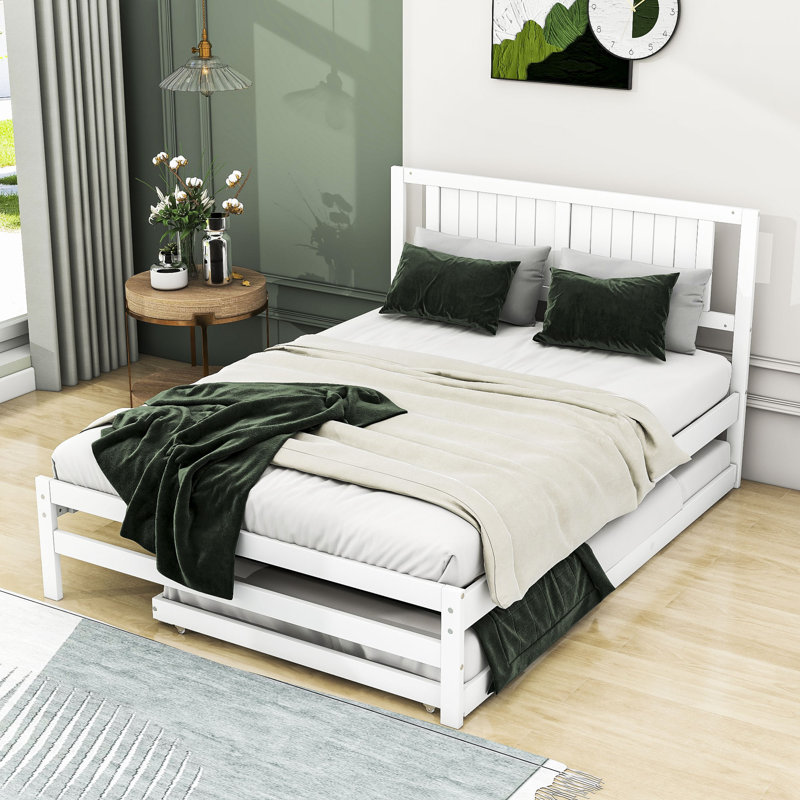 Karidee Full Size Wooden Platform Bed with Adjustable Trundle, White