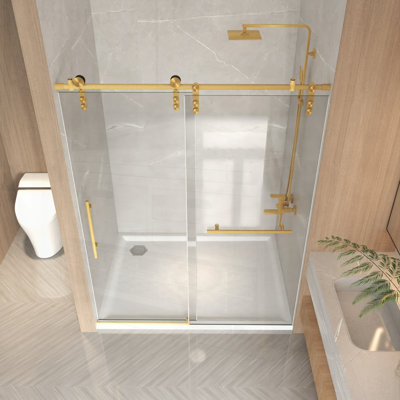 Porte de douche coulissante sans cadre avec verre trempé transparent et cadre en acier inoxydable, idéale pour les salles de bains modernes.