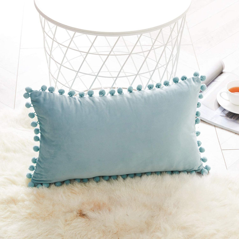 Pom Pom Velvet Pom Pom Velvet Lumbar Pillow Cover, Light Blue