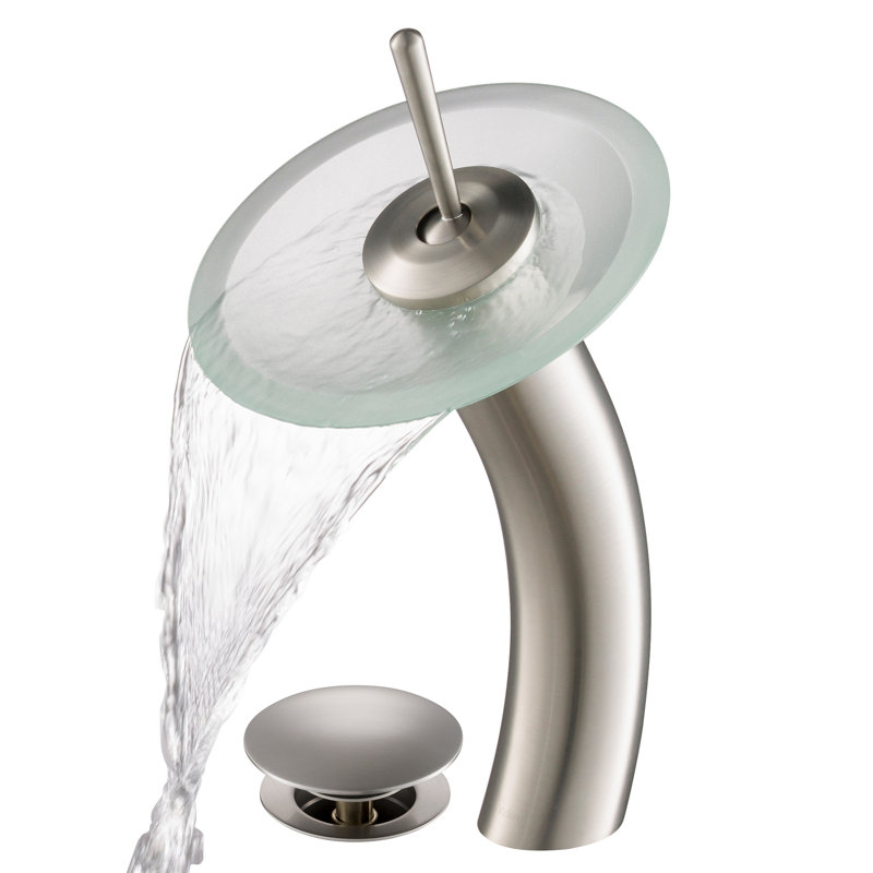 Vessel Mixer Single Hole Bathroom Faucet, Satin Nickel, With Pop Up Drain, Clear