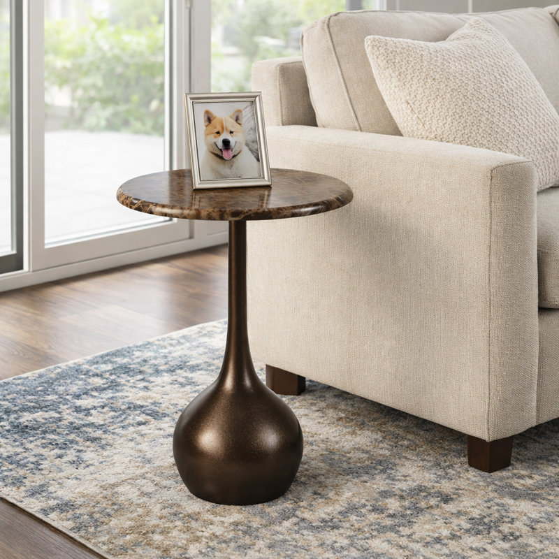 Ernstfried Modern Round Marble Top Accent Table for Bedroom - Sleek Small Side Table with Sculptural Ball Base for Living Room, Narrow End Table Design - 21", Brown