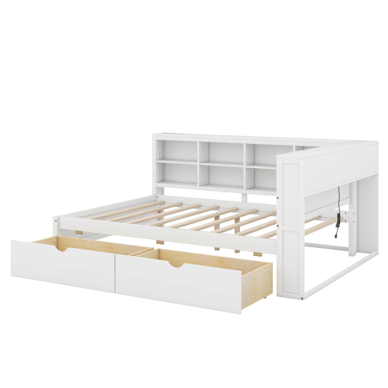 Lit de jour double avec tiroirs, tablette et port USB, Blanc