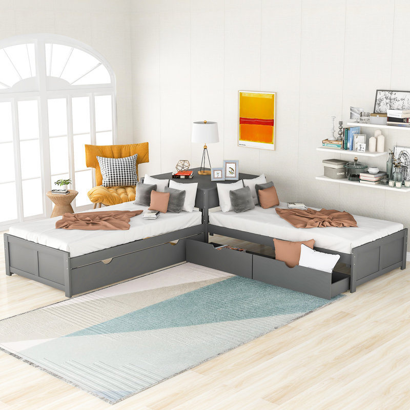 Lit plateforme en L avec lit gigogne, tiroirs et bureau en L, Gris