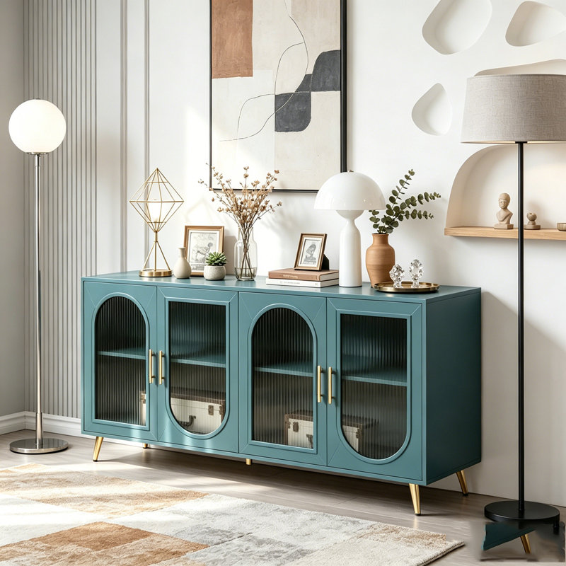 Meuble télé pour téléviseur de 65 pouces et plus avec portes en verre et tablettes réglables