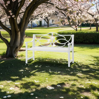 Banc de jardin blanc robuste en métal avec accoudoirs, antirouille, protégé pour la cour, le porche, le balcon, pouvant accueillir 2 personnes pour 3 personnes