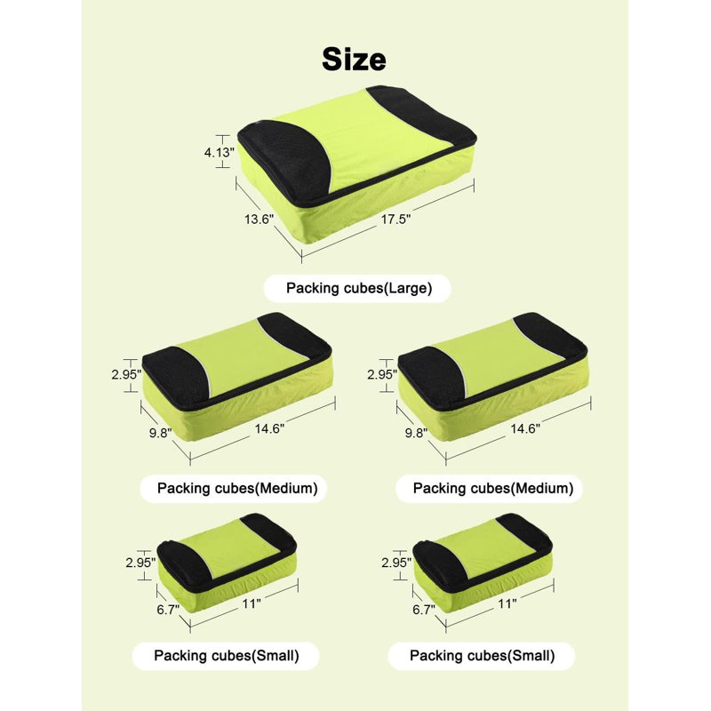 Ultra Light 5 Piece Packing Cubes Travel Luggage Organizer 1 Large 2 Medium 2 Small