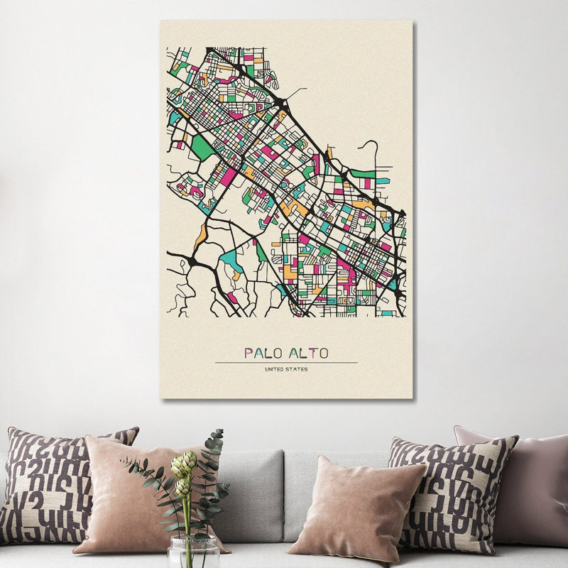 Palo Alto, carte de la Californie par Ayse Deniz Akerman - Giclée sur toile tendue avec châssis, H 60 po x l 40po x P 1,5 po